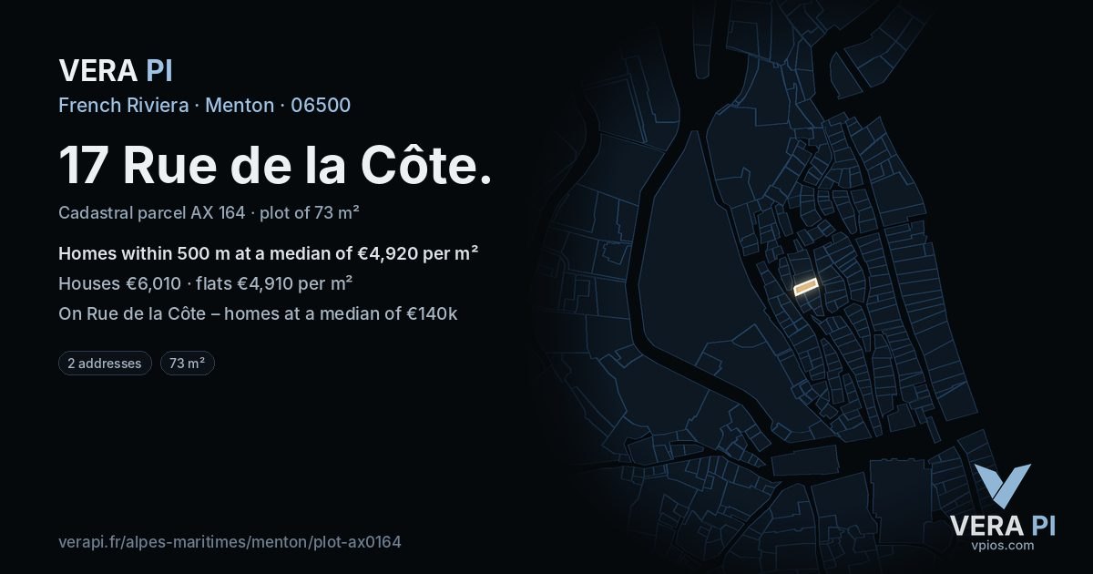17 Rue de la Côte, Menton at night – the plot lit, the parcels around coloured by the prices near them