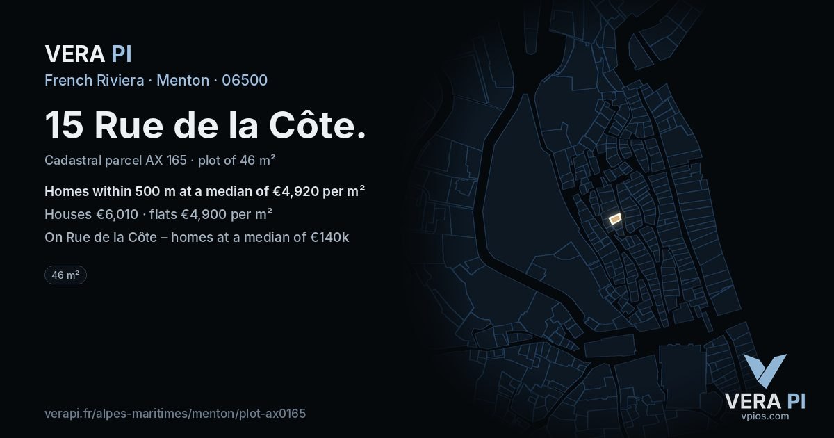 15 Rue de la Côte, Menton at night – the plot lit, the parcels around coloured by the prices near them