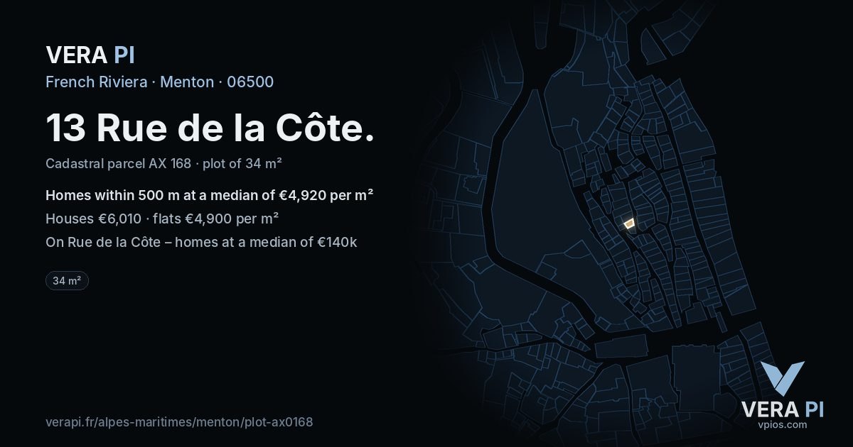 13 Rue de la Côte, Menton at night – the plot lit, the parcels around coloured by the prices near them