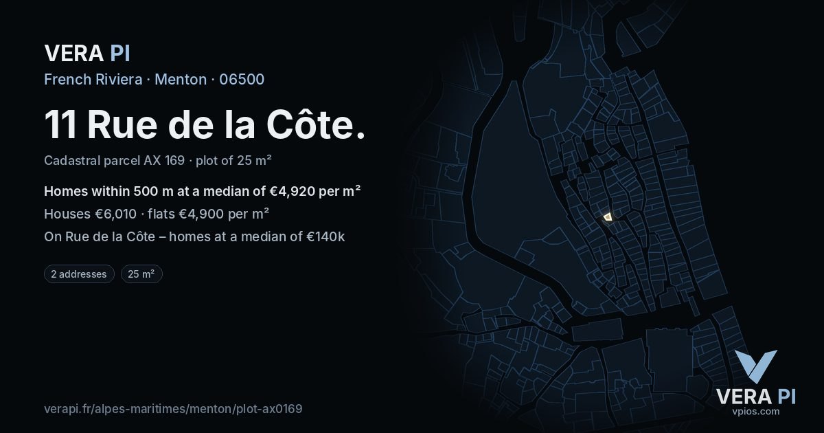 11 Rue de la Côte, Menton at night – the plot lit, the parcels around coloured by the prices near them
