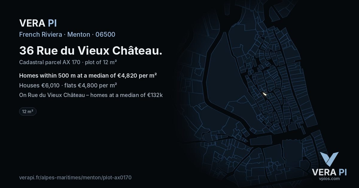 36 Rue du Vieux Château, Menton at night – the plot lit, the parcels around coloured by the prices near them