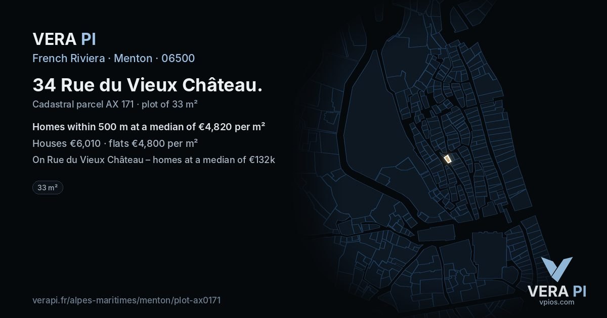 34 Rue du Vieux Château, Menton at night – the plot lit, the parcels around coloured by the prices near them