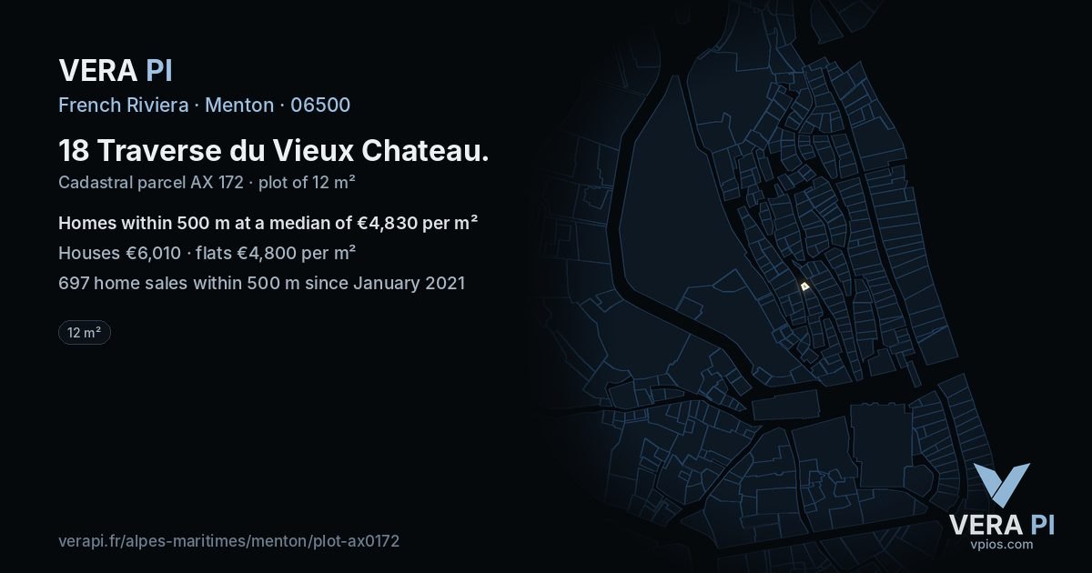 18 Traverse du Vieux Chateau, Menton at night – the plot lit, the parcels around coloured by the prices near them