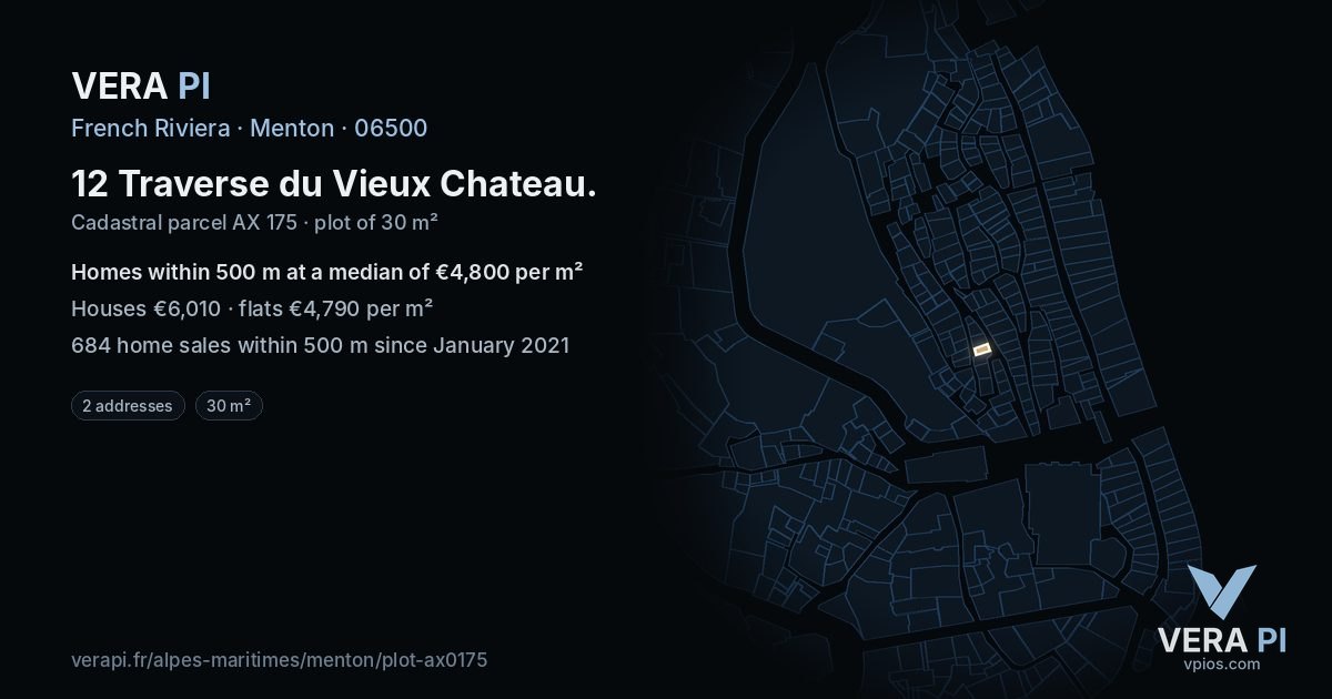 12 Traverse du Vieux Chateau, Menton at night – the plot lit, the parcels around coloured by the prices near them