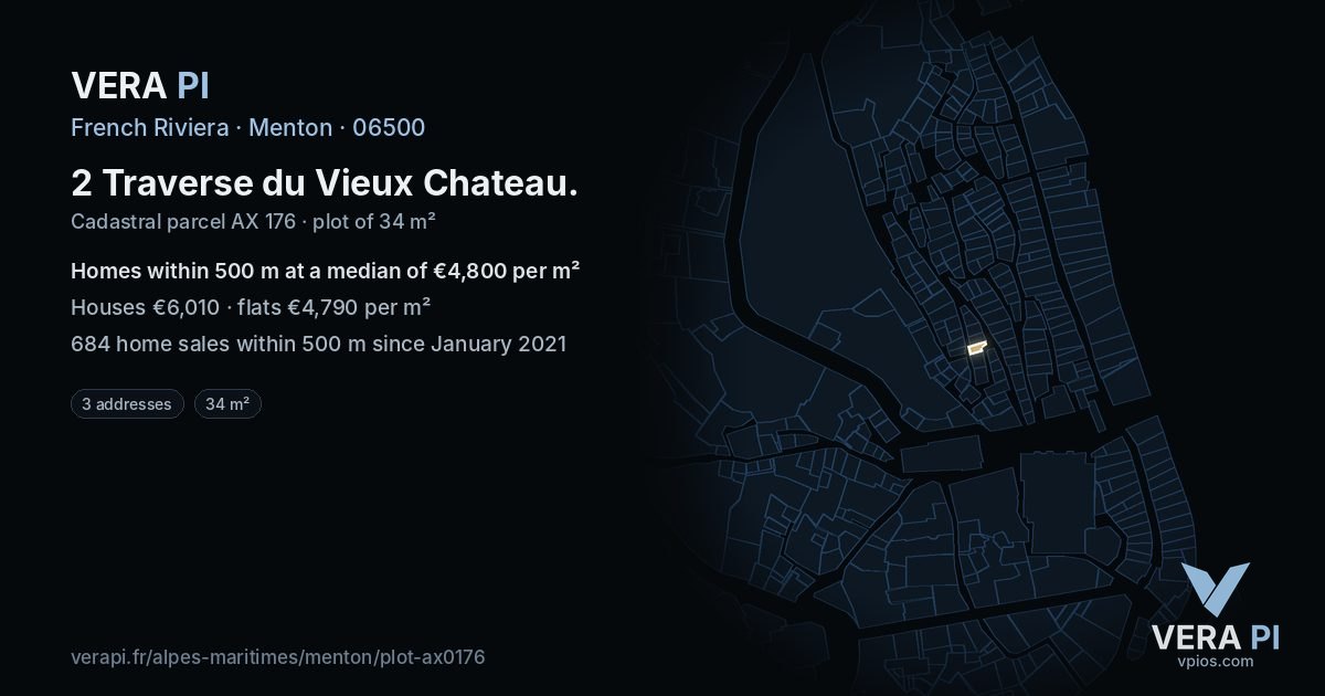2 Traverse du Vieux Chateau, Menton at night – the plot lit, the parcels around coloured by the prices near them