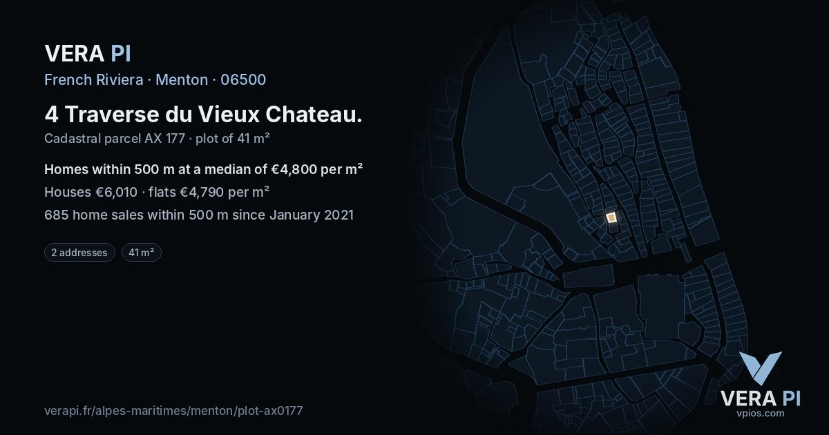 4 Traverse du Vieux Chateau, Menton at night – the plot lit, the parcels around coloured by the prices near them