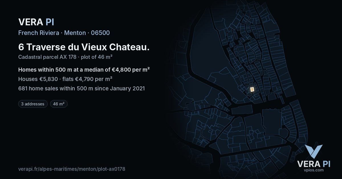 6 Traverse du Vieux Chateau, Menton at night – the plot lit, the parcels around coloured by the prices near them