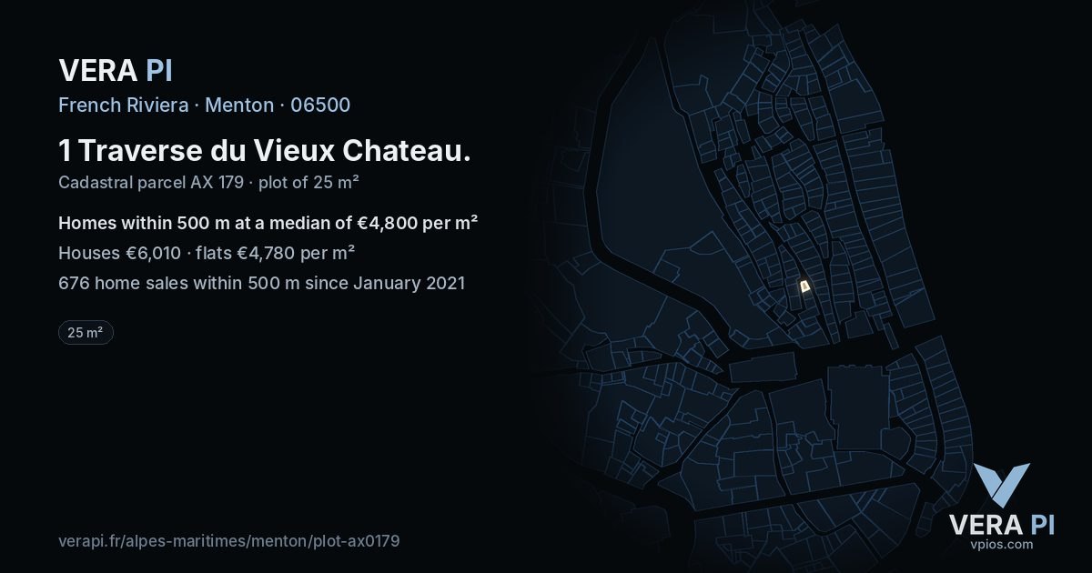 1 Traverse du Vieux Chateau, Menton at night – the plot lit, the parcels around coloured by the prices near them