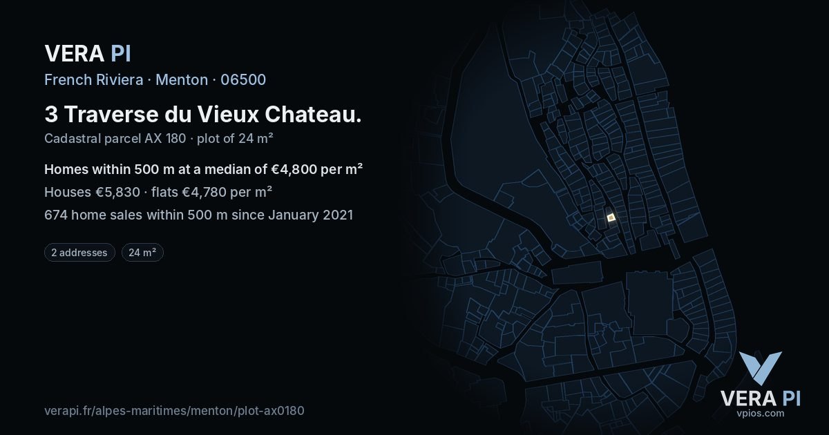 3 Traverse du Vieux Chateau, Menton at night – the plot lit, the parcels around coloured by the prices near them