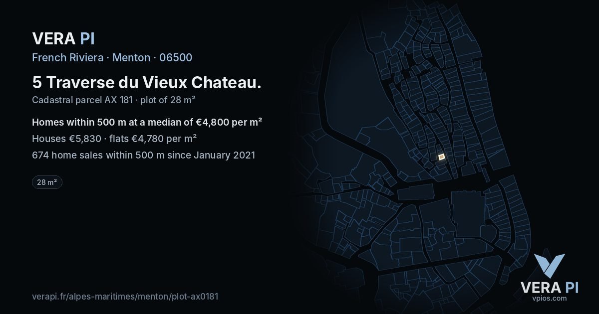 5 Traverse du Vieux Chateau, Menton at night – the plot lit, the parcels around coloured by the prices near them