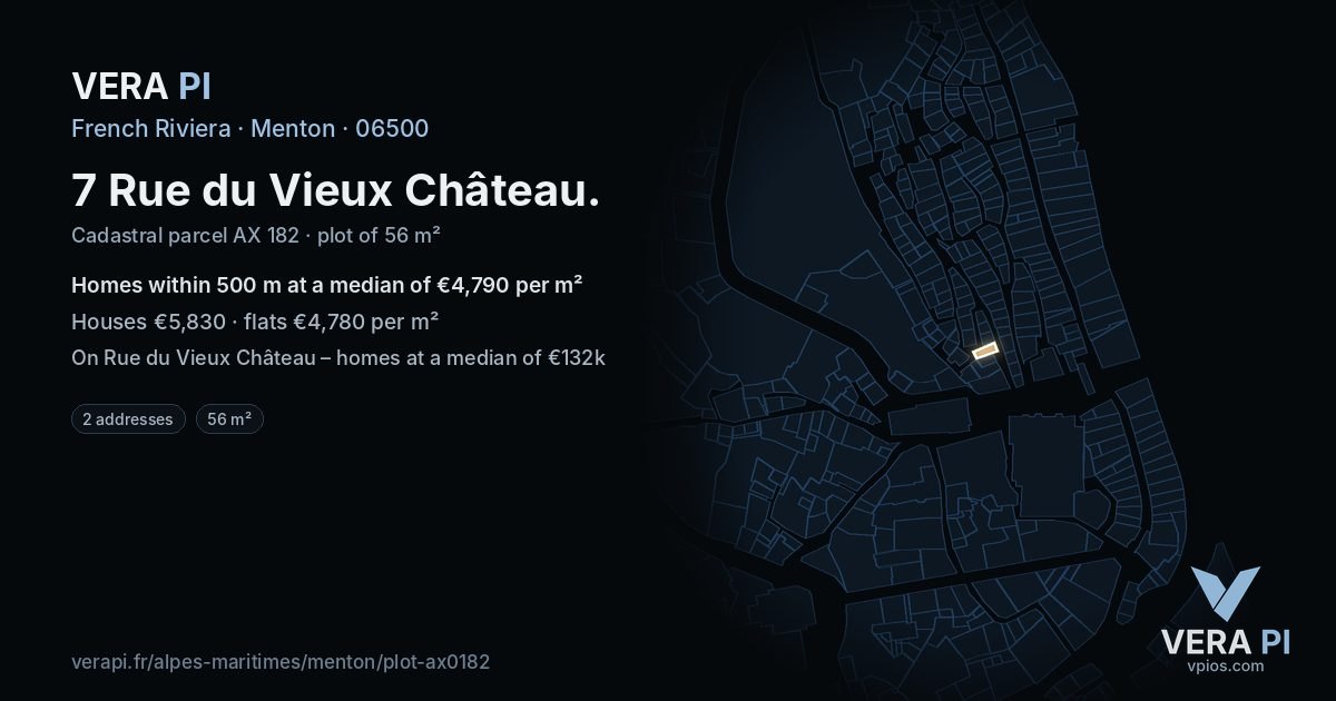 7 Rue du Vieux Château, Menton at night – the plot lit, the parcels around coloured by the prices near them