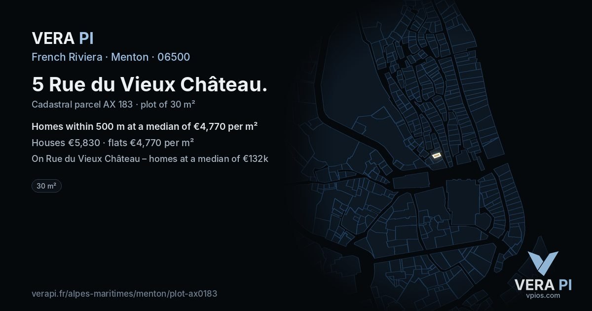 5 Rue du Vieux Château, Menton at night – the plot lit, the parcels around coloured by the prices near them