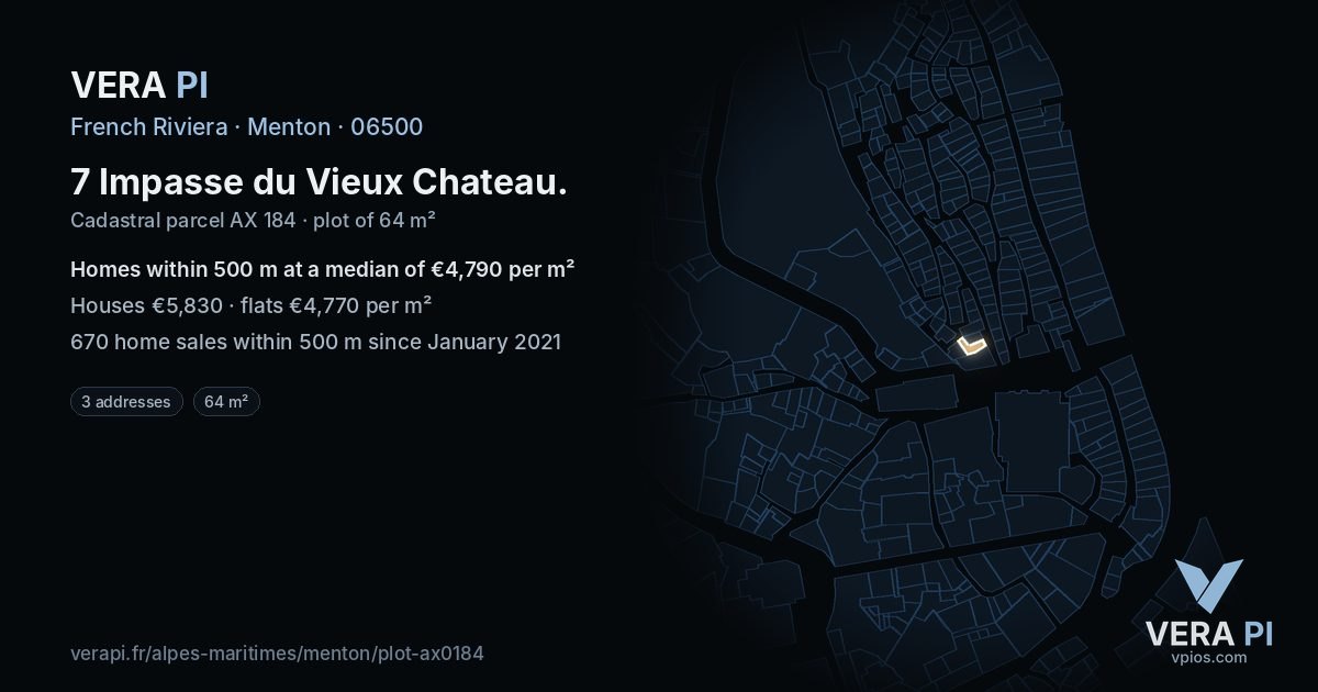 7 Impasse du Vieux Chateau, Menton at night – the plot lit, the parcels around coloured by the prices near them