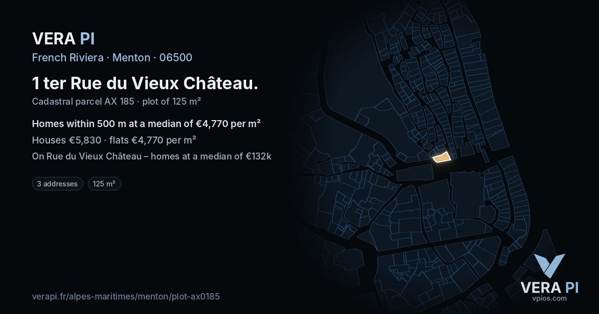 1 ter Rue du Vieux Château, Menton at night – the plot lit, the parcels around coloured by the prices near them