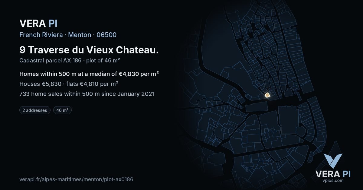 9 Traverse du Vieux Chateau, Menton at night – the plot lit, the parcels around coloured by the prices near them