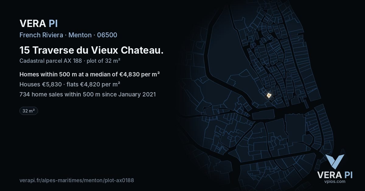 15 Traverse du Vieux Chateau, Menton at night – the plot lit, the parcels around coloured by the prices near them