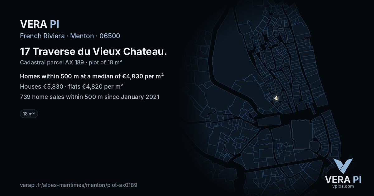 17 Traverse du Vieux Chateau, Menton at night – the plot lit, the parcels around coloured by the prices near them