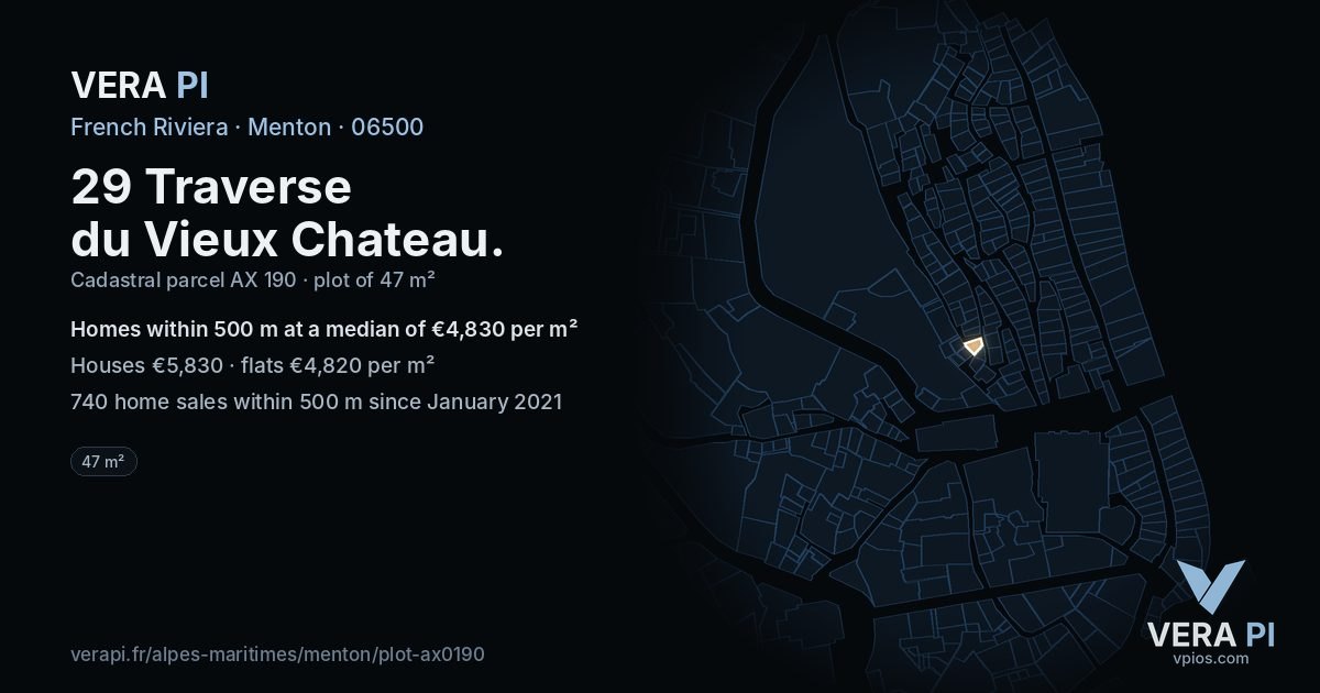 29 Traverse du Vieux Chateau, Menton at night – the plot lit, the parcels around coloured by the prices near them