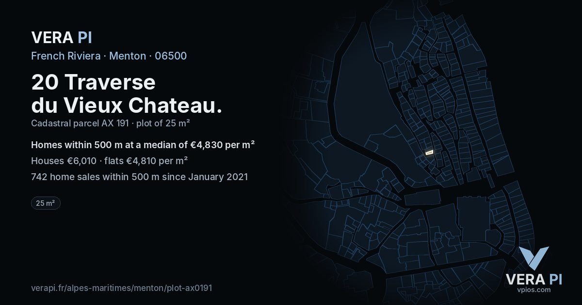 20 Traverse du Vieux Chateau, Menton at night – the plot lit, the parcels around coloured by the prices near them