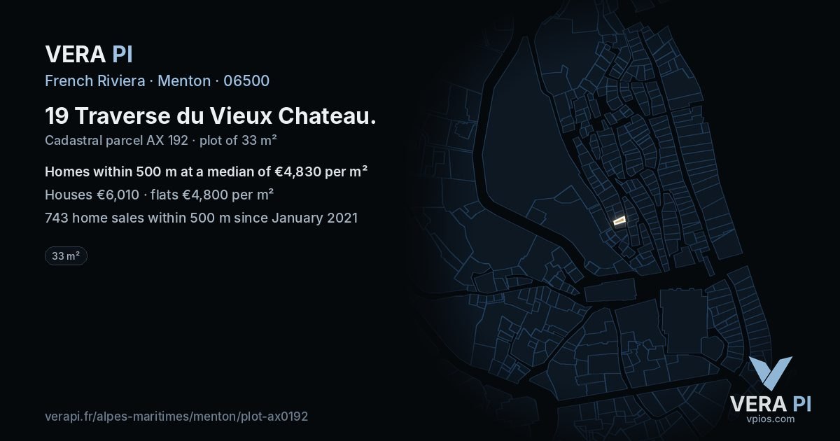 19 Traverse du Vieux Chateau, Menton at night – the plot lit, the parcels around coloured by the prices near them