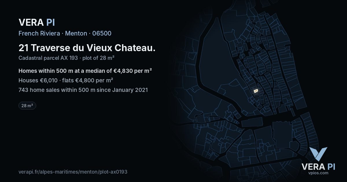 21 Traverse du Vieux Chateau, Menton at night – the plot lit, the parcels around coloured by the prices near them