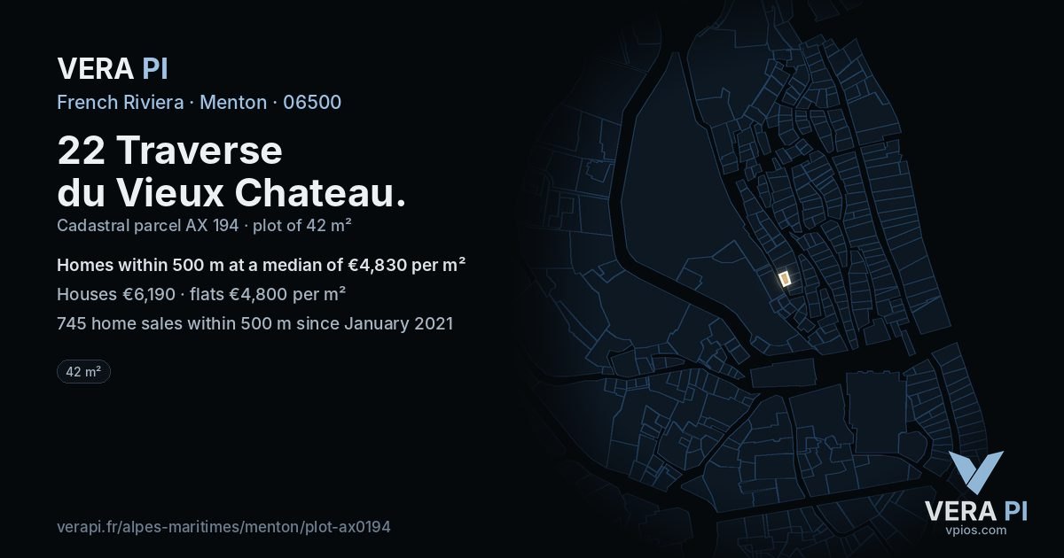22 Traverse du Vieux Chateau, Menton at night – the plot lit, the parcels around coloured by the prices near them