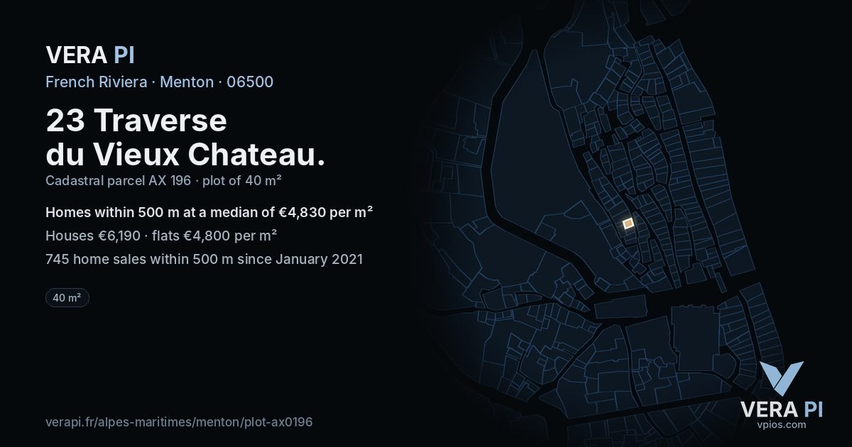 23 Traverse du Vieux Chateau, Menton at night – the plot lit, the parcels around coloured by the prices near them