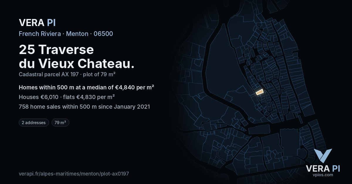 25 Traverse du Vieux Chateau, Menton at night – the plot lit, the parcels around coloured by the prices near them