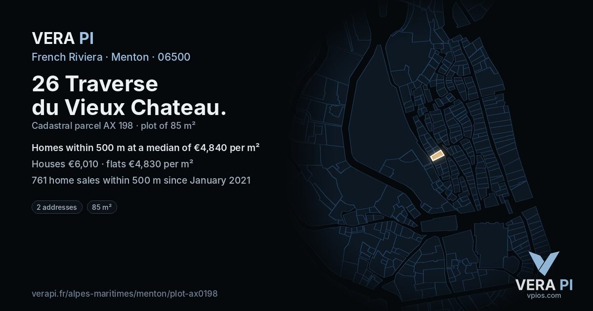 26 Traverse du Vieux Chateau, Menton at night – the plot lit, the parcels around coloured by the prices near them