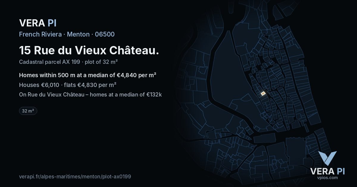 15 Rue du Vieux Château, Menton at night – the plot lit, the parcels around coloured by the prices near them