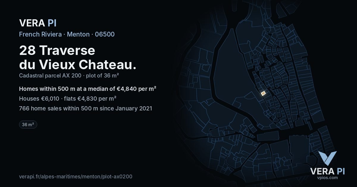 28 Traverse du Vieux Chateau, Menton at night – the plot lit, the parcels around coloured by the prices near them
