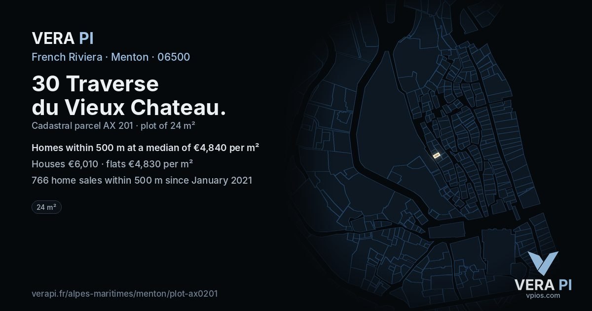 30 Traverse du Vieux Chateau, Menton at night – the plot lit, the parcels around coloured by the prices near them