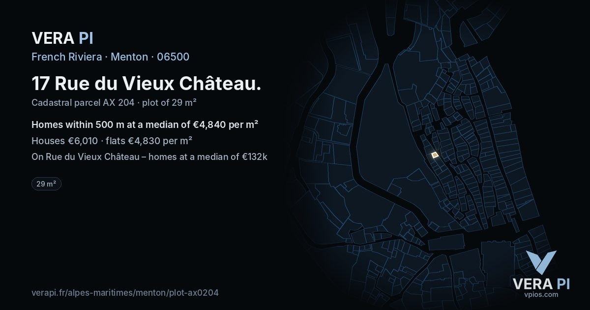 17 Rue du Vieux Château, Menton at night – the plot lit, the parcels around coloured by the prices near them