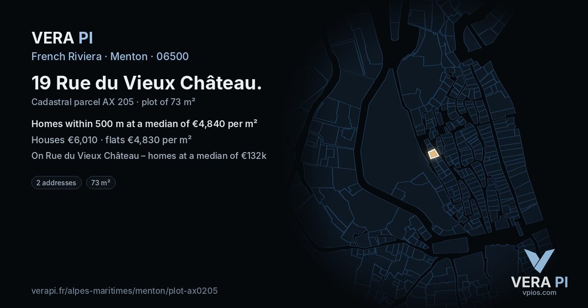 19 Rue du Vieux Château, Menton at night – the plot lit, the parcels around coloured by the prices near them