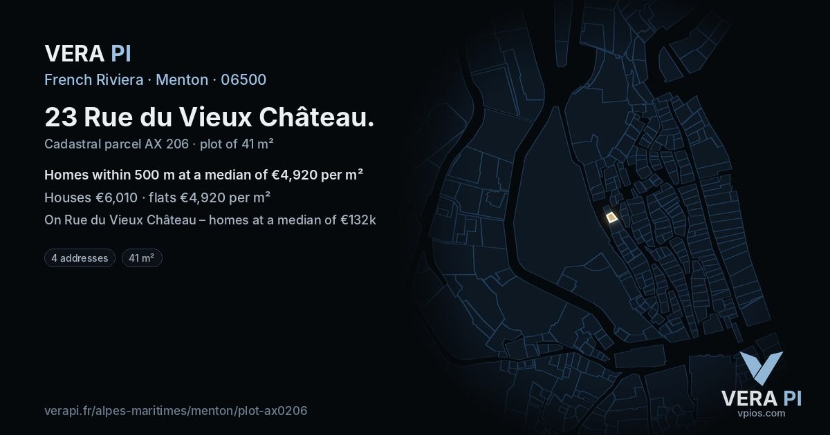 23 Rue du Vieux Château, Menton at night – the plot lit, the parcels around coloured by the prices near them