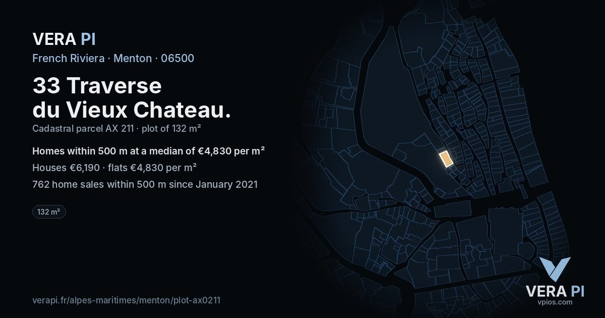 33 Traverse du Vieux Chateau, Menton at night – the plot lit, the parcels around coloured by the prices near them