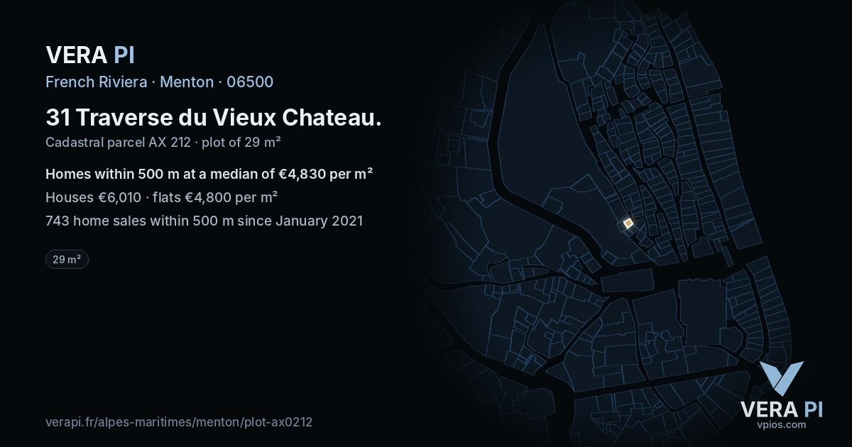 31 Traverse du Vieux Chateau, Menton at night – the plot lit, the parcels around coloured by the prices near them