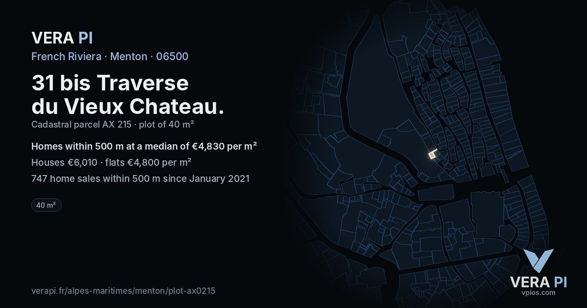 31 bis Traverse du Vieux Chateau, Menton at night – the plot lit, the parcels around coloured by the prices near them