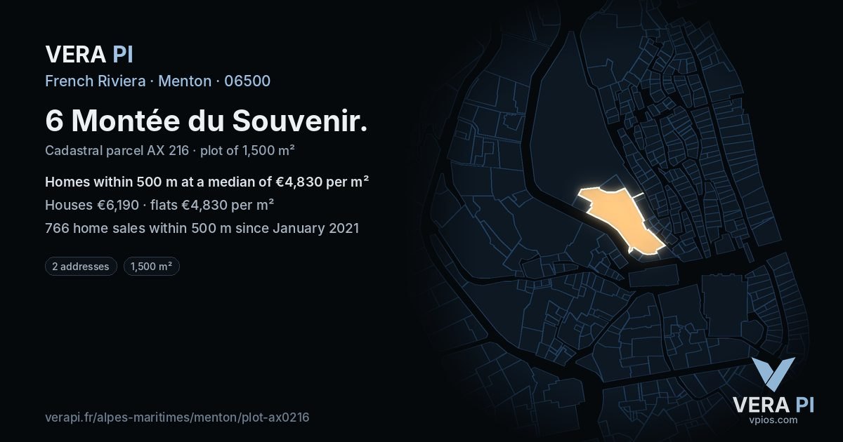 6 Montée du Souvenir, Menton at night – the plot lit, the parcels around coloured by the prices near them