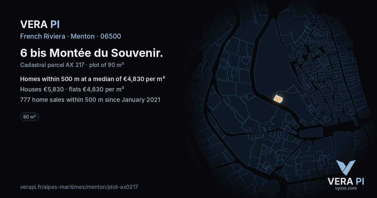 6 bis Montée du Souvenir, Menton at night – the plot lit, the parcels around coloured by the prices near them