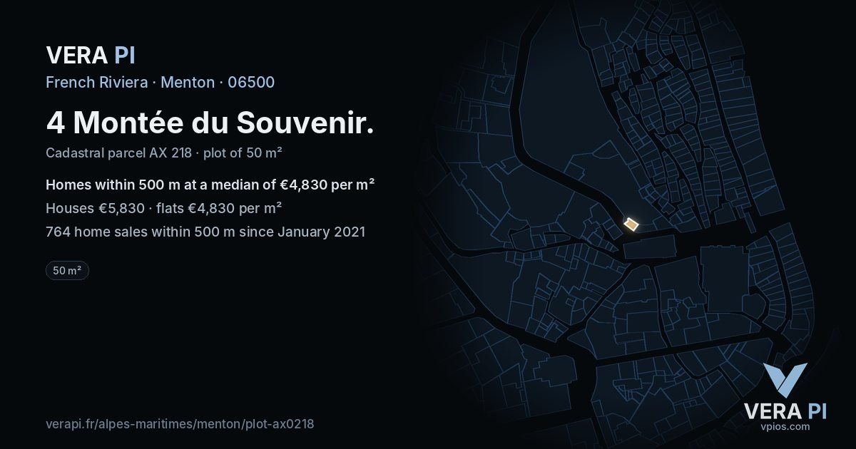 4 Montée du Souvenir, Menton at night – the plot lit, the parcels around coloured by the prices near them