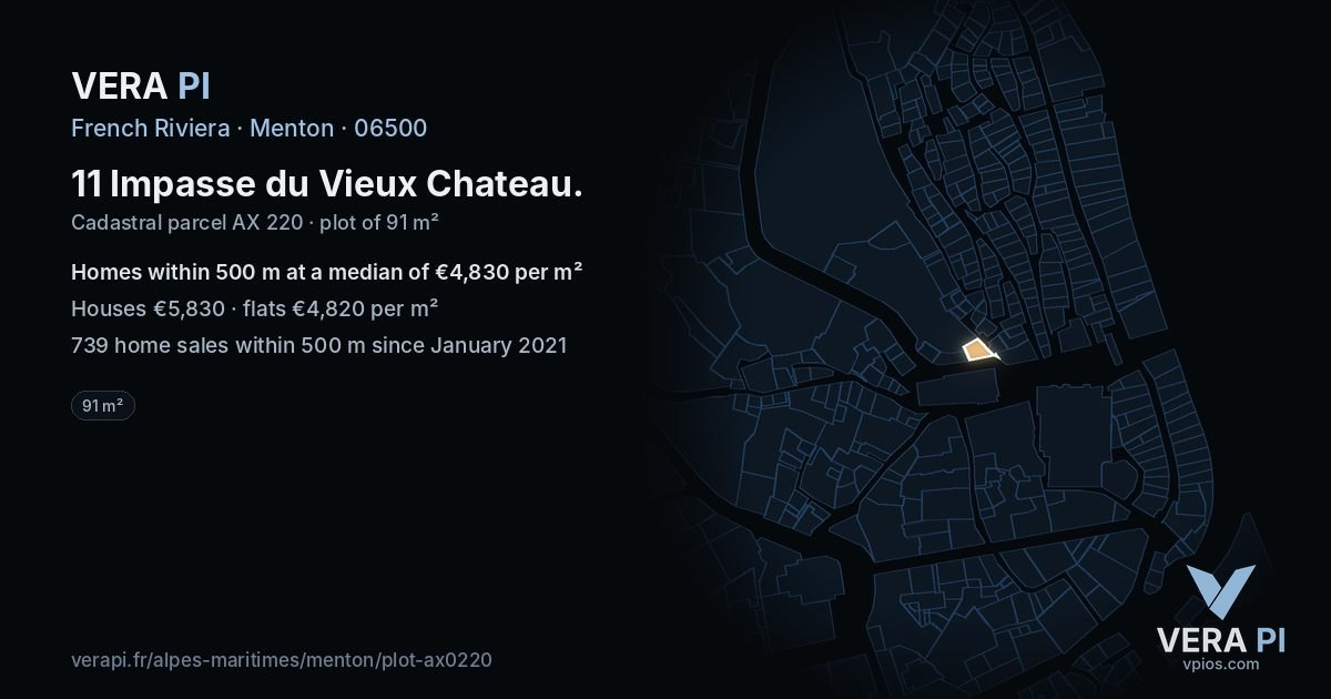 11 Impasse du Vieux Chateau, Menton at night – the plot lit, the parcels around coloured by the prices near them