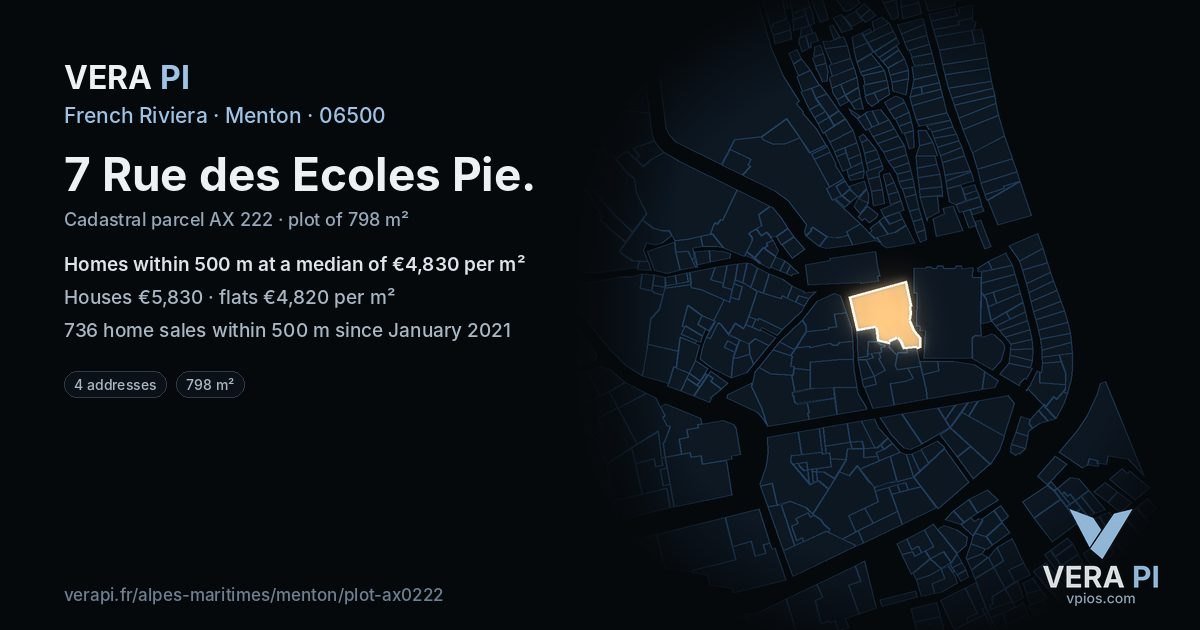 7 Rue des Ecoles Pie, Menton at night – the plot lit, the parcels around coloured by the prices near them