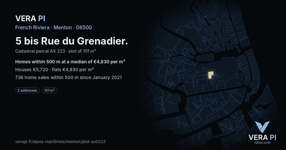 5 bis Rue du Grenadier, Menton at night – the plot lit, the parcels around coloured by the prices near them