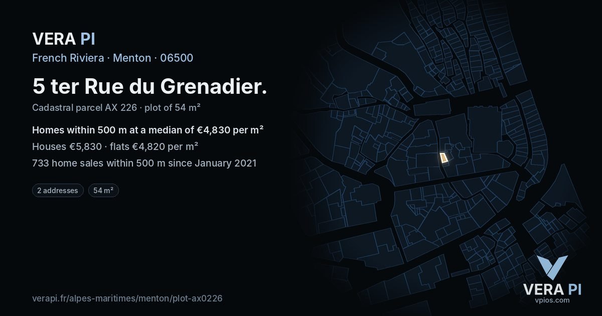 5 ter Rue du Grenadier, Menton at night – the plot lit, the parcels around coloured by the prices near them