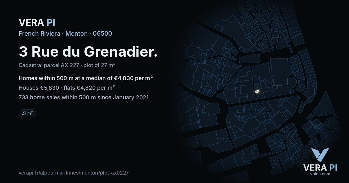 3 Rue du Grenadier, Menton at night – the plot lit, the parcels around coloured by the prices near them