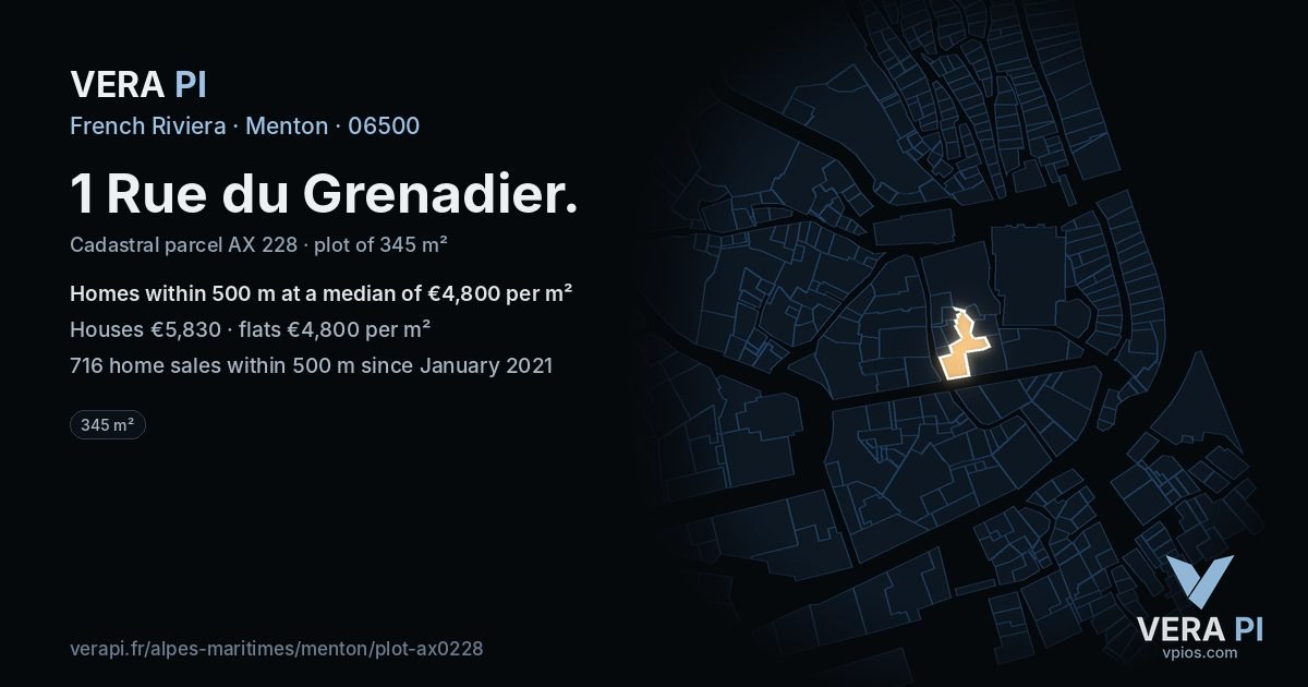 1 Rue du Grenadier, Menton at night – the plot lit, the parcels around coloured by the prices near them
