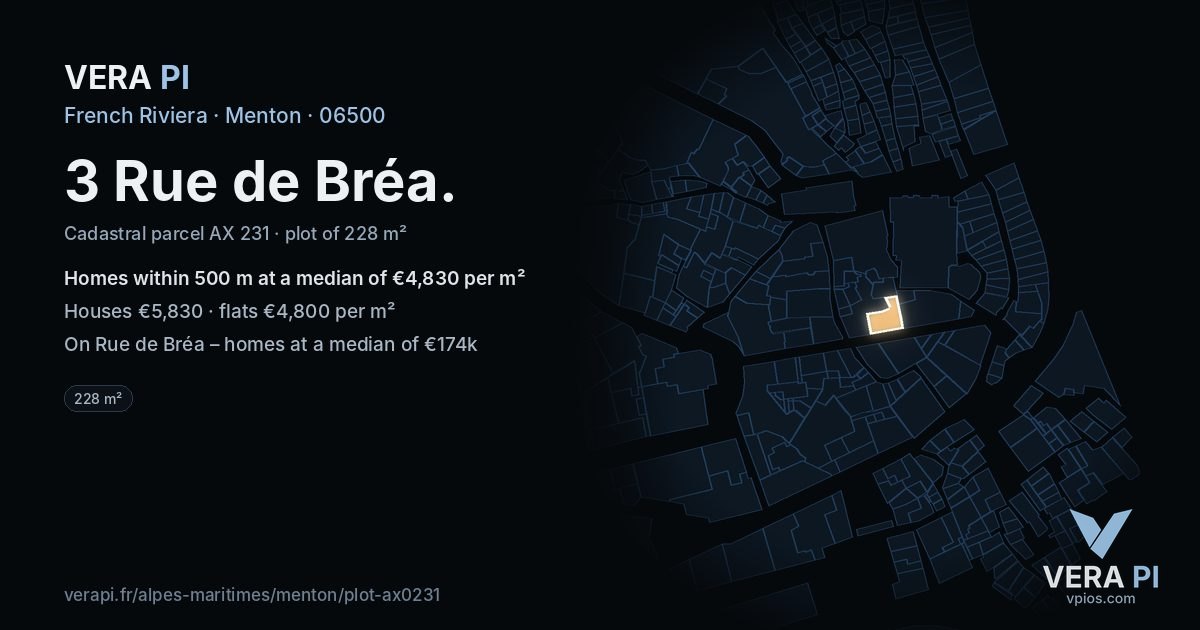3 Rue de Bréa, Menton at night – the plot lit, the parcels around coloured by the prices near them