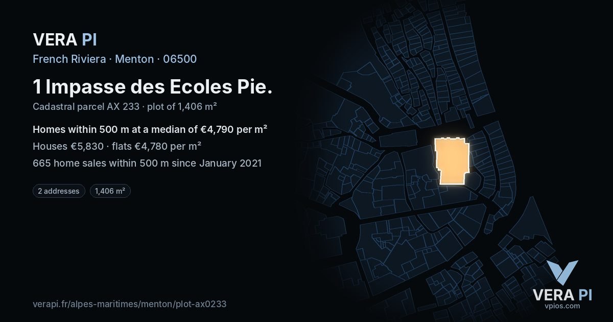 1 Impasse des Ecoles Pie, Menton at night – the plot lit, the parcels around coloured by the prices near them