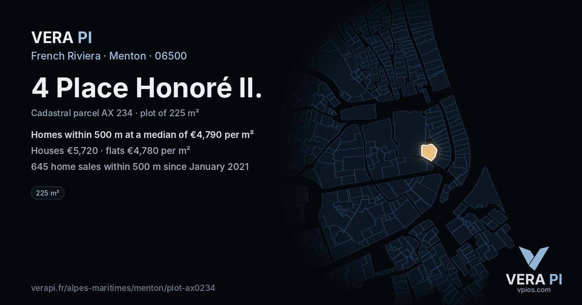 4 Place Honoré II, Menton at night – the plot lit, the parcels around coloured by the prices near them